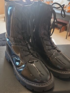 Patent Leather Lace-Up Combat Boots - Black